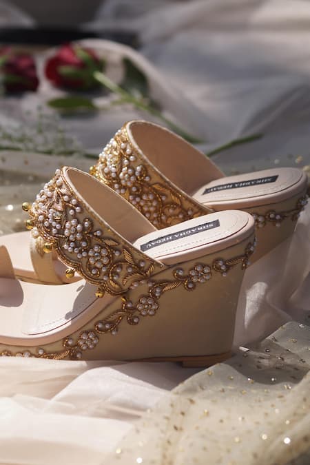 Shradha Hedau Footwear Couture Gold Pearls, Gota Patti Celia Embroidered Wedges Online at Aza Fashions Shradha Hedau Footwear Couture_Gold Pearls, Gota Patti Celia Embroidered Wedges _Online_at_Aza_Fashions