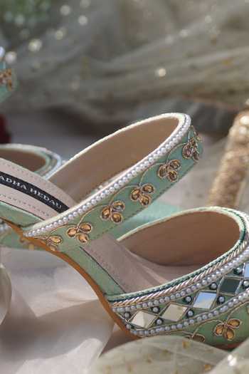 Shop_Shradha Hedau Footwear Couture_Green Pearls, Mirrors Sienna Mules _Online_at_Aza_Fashions