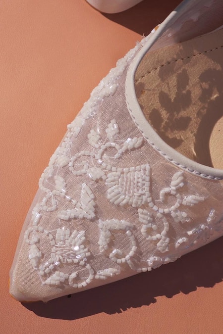 Shradha Hedau Footwear Couture White Beads Dina Embroidered Sheer Strap Heels Online at Aza Fashions Shradha Hedau Footwear Couture_White Beads Dina Embroidered Sheer Strap Heels _Online_at_Aza_Fashions