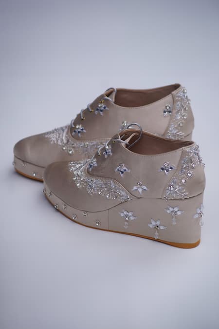 Shradha Hedau Footwear Couture_Gold Crystals, Beads, Mirrors Amelia Embroidered Floral Sneaker Wedges _Online_at_Aza_Fashions