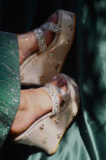 Shradha Hedau Footwear Couture_Gold Beads, Mirrors Renisa Floral Embroidered Strap Wedges _Online_at_Aza_Fashions