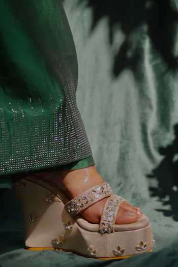Buy_Shradha Hedau Footwear Couture_Gold Beads, Mirrors Renisa Floral Embroidered Strap Wedges _Online_at_Aza_Fashions