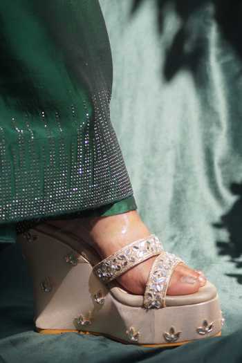Shop_Shradha Hedau Footwear Couture_Gold Beads, Mirrors Renisa Floral Embroidered Strap Wedges _Online_at_Aza_Fashions