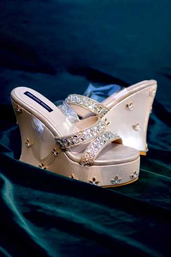 Shradha Hedau Footwear Couture_Gold Beads, Mirrors Renisa Floral Embroidered Strap Wedges _at_Aza_Fashions