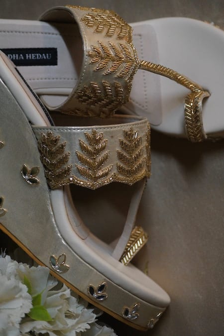 Shradha Hedau Footwear Couture_Gold Mirrorwork Evara Bead Embroidered Strap Wedges _Online_at_Aza_Fashions