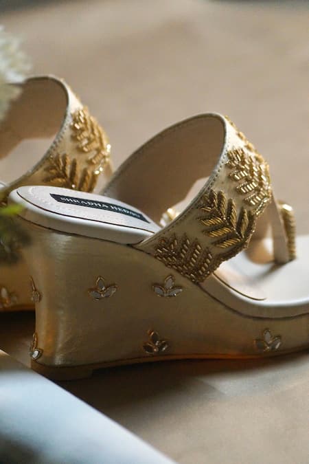 Buy_Shradha Hedau Footwear Couture_Gold Mirrorwork Evara Bead Embroidered Strap Wedges _Online_at_Aza_Fashions