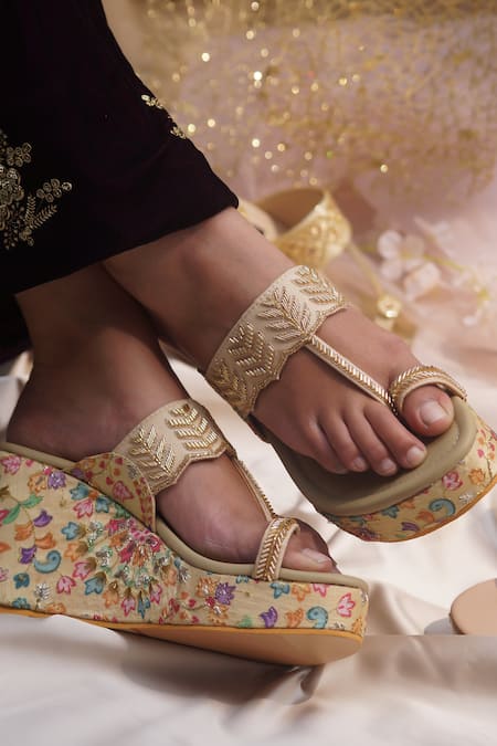 Shradha Hedau Footwear Couture Maliah Bead Embroidered Strap Wedges 