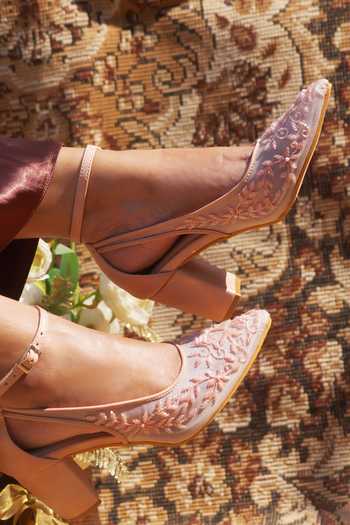 Shop_Shradha Hedau Footwear Couture_Peach Beads Aurelia Embroidered Heels _Online_at_Aza_Fashions
