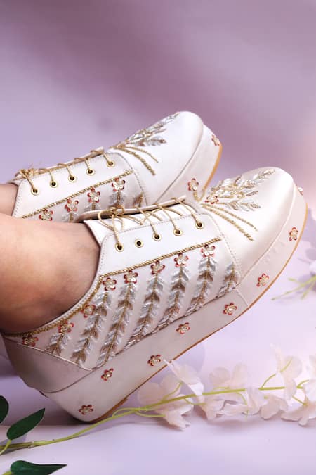 Buy Shradha Hedau Footwear Couture Gold Sequin Zara Floral Vine Embroidered Sneaker Wedges Online at Aza Fashions Buy_Shradha Hedau Footwear Couture_Gold Sequin Zara Floral Vine Embroidered Sneaker Wedges _Online_at_Aza_Fashions