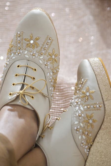 Shradha Hedau Footwear Couture_Gold Sequin Irina Blossom Embroidered Sneaker Wedges _Online_at_Aza_Fashions