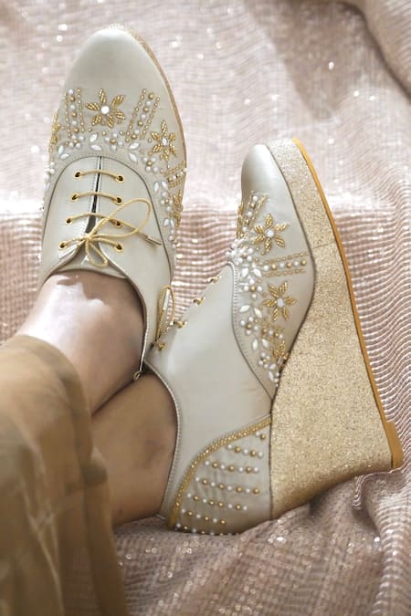 Buy_Shradha Hedau Footwear Couture_Gold Sequin Irina Blossom Embroidered Sneaker Wedges _Online_at_Aza_Fashions