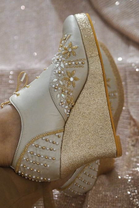 Shop_Shradha Hedau Footwear Couture_Gold Sequin Irina Blossom Embroidered Sneaker Wedges _Online_at_Aza_Fashions