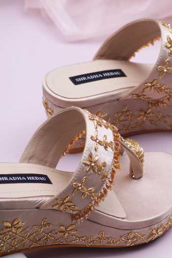 Shradha Hedau Footwear Couture_Gold Sequins, Stones, Beads Kendra Floral Embroidered Wedges _Online_at_Aza_Fashions