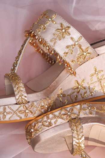 Buy_Shradha Hedau Footwear Couture_Gold Sequins, Stones, Beads Kendra Floral Embroidered Wedges _Online_at_Aza_Fashions