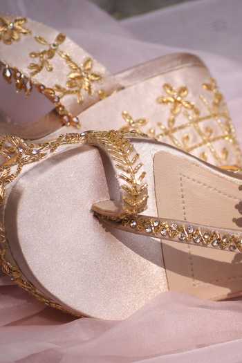Shop_Shradha Hedau Footwear Couture_Gold Sequins, Stones, Beads Kendra Floral Embroidered Wedges _Online_at_Aza_Fashions