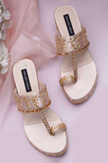 Shradha Hedau Footwear Couture_Gold Sequins, Stones, Beads Kendra Floral Embroidered Wedges _at_Aza_Fashions