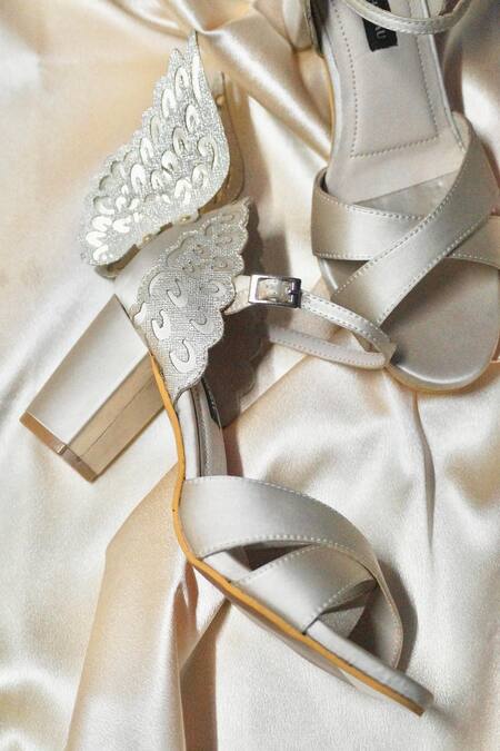 Buy_Shradha Hedau Footwear Couture_Gold Embellished Champagne Angel Wing Heels _Online_at_Aza_Fashions