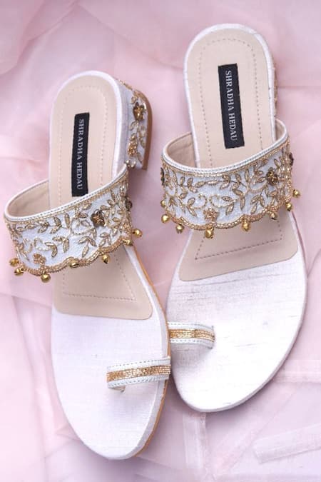 Shradha Hedau Footwear Couture Beige Ghunghroo Valeska Bead Embroidered Strap Heels