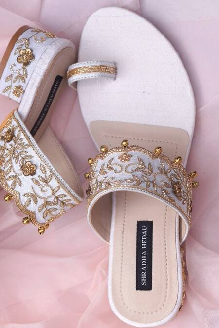 Shop_Shradha Hedau Footwear Couture_Beige Ghunghroo Valeska Bead Embroidered Strap Heels _Online_at_Aza_Fashions