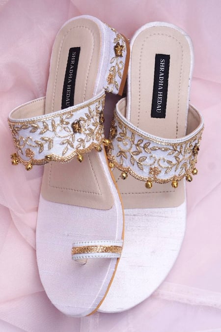 Shradha Hedau Footwear Couture_Beige Ghunghroo Valeska Bead Embroidered Strap Heels _at_Aza_Fashions