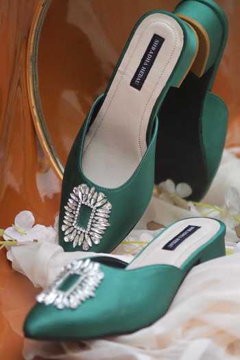 Shop_Shradha Hedau Footwear Couture_Green Crystals Elisa Embellished Mule Heels _Online_at_Aza_Fashions