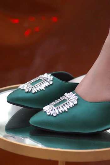 Shradha Hedau Footwear Couture_Green Crystals Elisa Embellished Mule Heels _at_Aza_Fashions