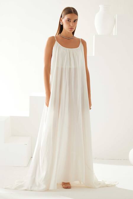 Wear Jaja_White Modal Round Neck Strappy Flowy Dress_at_Aza_Fashions