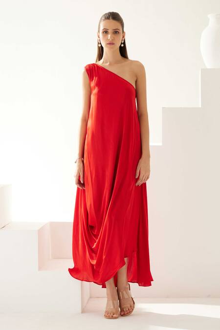 Wear Jaja_Red Modal One Shoulder Solid Asymmetric Dress _Online_at_Aza_Fashions