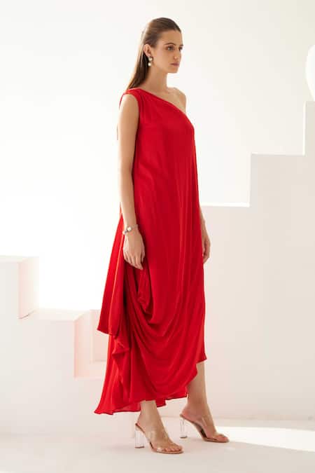 Buy_Wear Jaja_Red Modal One Shoulder Solid Asymmetric Dress _Online_at_Aza_Fashions