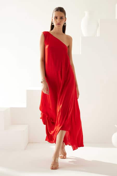 Shop_Wear Jaja_Red Modal One Shoulder Solid Asymmetric Dress _Online_at_Aza_Fashions