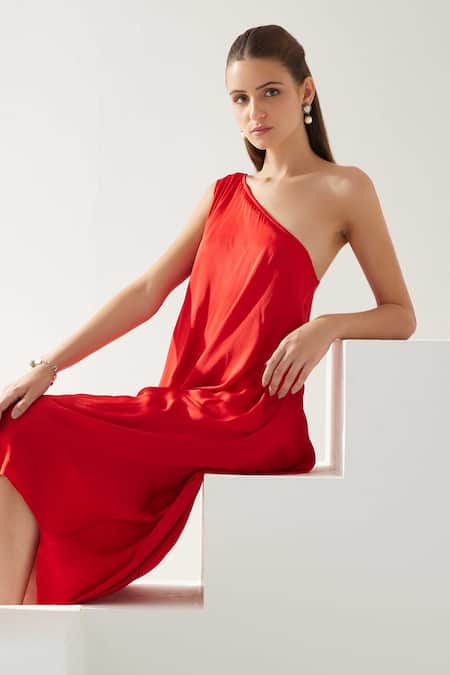 Wear Jaja_Red Modal One Shoulder Solid Asymmetric Dress _at_Aza_Fashions