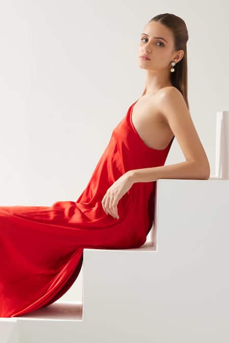 Buy_Wear Jaja_Red Modal One Shoulder Solid Asymmetric Dress 