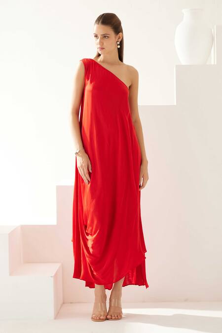 Shop_Wear Jaja_Red Modal One Shoulder Solid Asymmetric Dress _at_Aza_Fashions