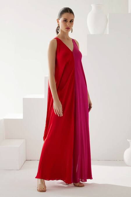 Wear Jaja_Red Modal V-neck Colour Block Asymmetric Dress_Online_at_Aza_Fashions