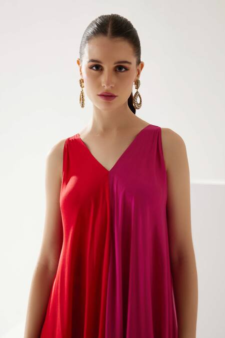 Buy_Wear Jaja_Red Modal V-neck Colour Block Asymmetric Dress_Online_at_Aza_Fashions