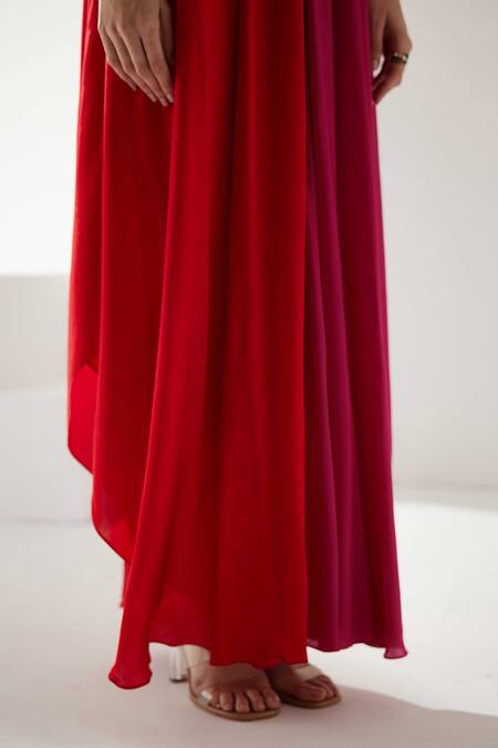 Shop_Wear Jaja_Red Modal V-neck Colour Block Asymmetric Dress_Online_at_Aza_Fashions