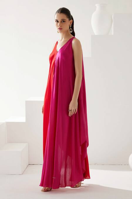 Wear Jaja_Red Modal V-neck Colour Block Asymmetric Dress_at_Aza_Fashions