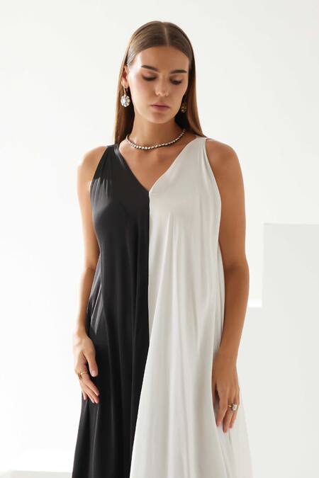 Wear Jaja_Black Modal V-neck Asymmetric Colour Block Dress_Online_at_Aza_Fashions