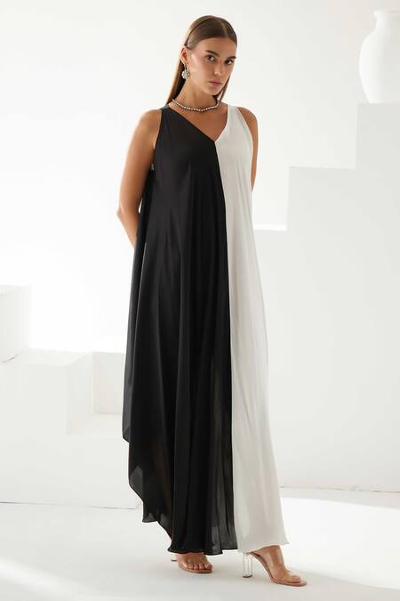 Buy_Wear Jaja_Black Modal V-neck Asymmetric Colour Block Dress_Online_at_Aza_Fashions