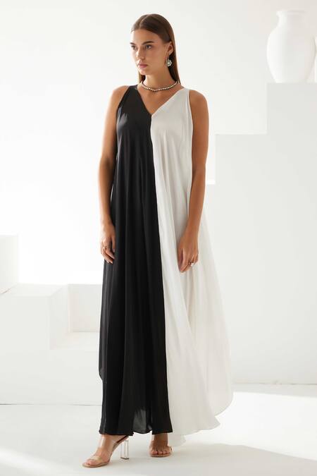 Wear Jaja_Black Modal V-neck Asymmetric Colour Block Dress_at_Aza_Fashions