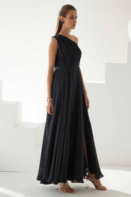 Wear Jaja Black Modal One Shoulder Solid Side Slit Dress Online at Aza Fashions Wear Jaja_Black Modal One Shoulder Solid Side Slit Dress_Online_at_Aza_Fashions