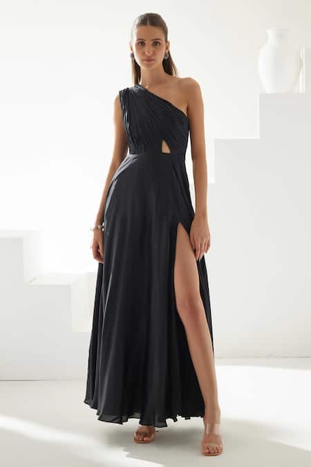 Wear JaJa Black Modal Solid One Shoulder Side Slit Dress 
