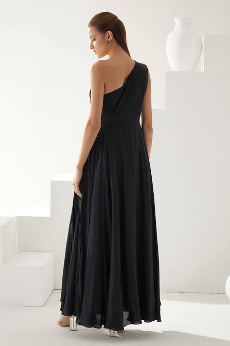 Shop Wear Jaja Black Modal One Shoulder Solid Side Slit Dress at Aza Fashions Shop_Wear Jaja_Black Modal One Shoulder Solid Side Slit Dress_at_Aza_Fashions