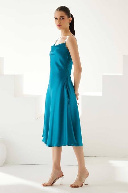 Wear Jaja_Blue Modal Cowl Neck Strappy Solid Dress_Online_at_Aza_Fashions