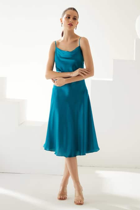 Shop_Wear Jaja_Blue Modal Cowl Neck Strappy Solid Dress_Online_at_Aza_Fashions
