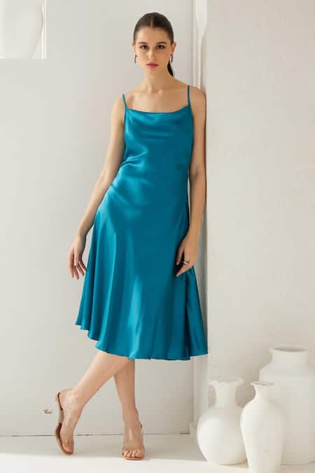 Wear Jaja_Blue Modal Cowl Neck Strappy Solid Dress_at_Aza_Fashions