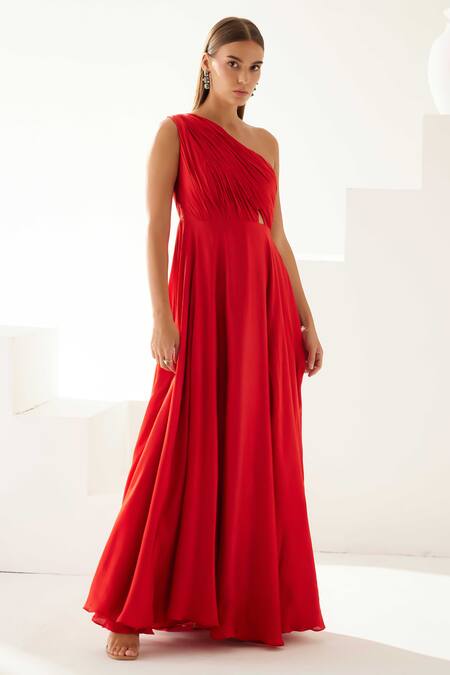 Wear Jaja Red Modal One Shoulder Pleated Bodice Dress Online at Aza Fashions Wear Jaja_Red Modal One Shoulder Pleated Bodice Dress_Online_at_Aza_Fashions