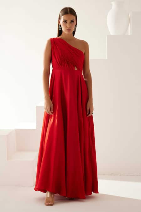 Wear JaJa Red Modal Solid One Shoulder Pleated Bodice Dress  