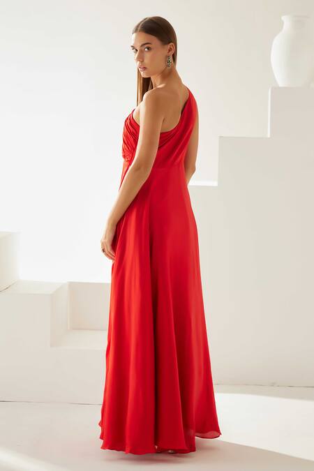 Shop Wear Jaja Red Modal One Shoulder Pleated Bodice Dress at Aza Fashions Shop_Wear Jaja_Red Modal One Shoulder Pleated Bodice Dress_at_Aza_Fashions
