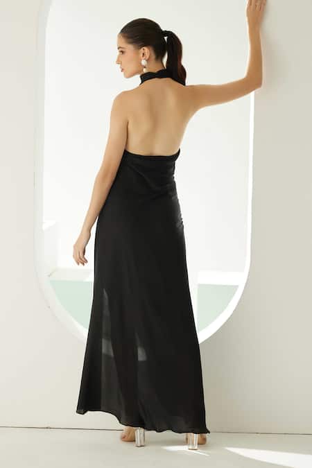 Shop_Wear Jaja_Black Modal Halter Neck Slit Dress _at_Aza_Fashions